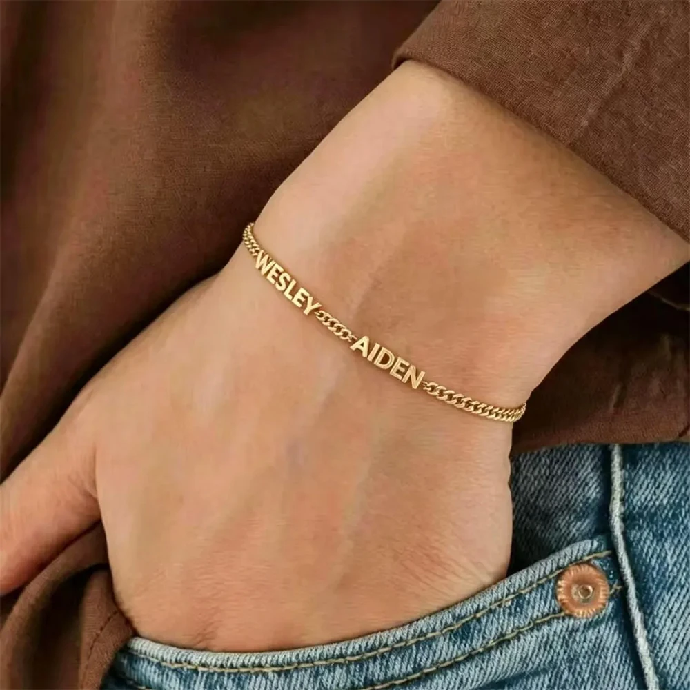 Custom 3D Block Name Stainless Steel Bracelet Personalized Bold Letter Curb Chain Gold Rose Silver Women Stack Jewelry Gift
