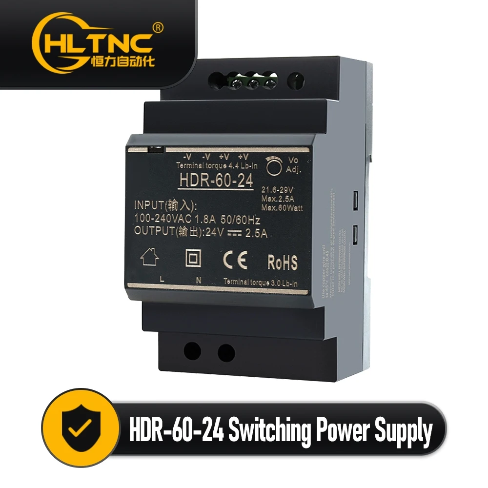 HTNC HDR-60 DIN Rail Switching Power Supply 60W Single Output  12V  24V  100-240V AC Industrial 35mm DIN Rail Mount Power Supply