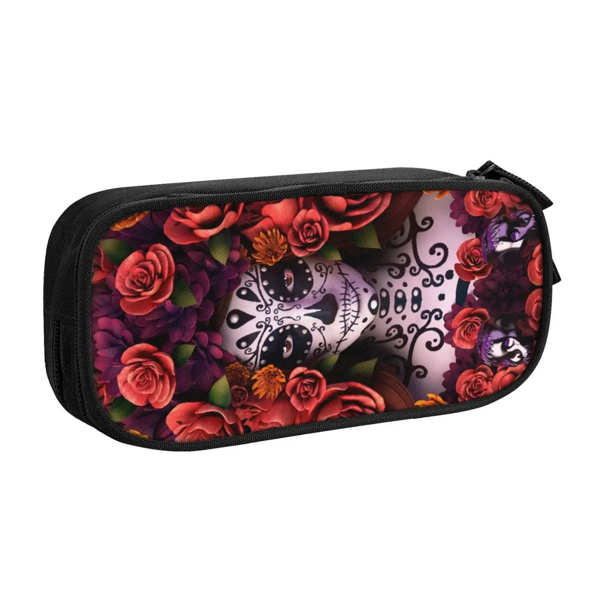 Custom Halloween Catrina Sugar Skull Kawaii Pencil Case Big Capacity Day Of The Dead Mexican Lady Pencil Box Students Stationery