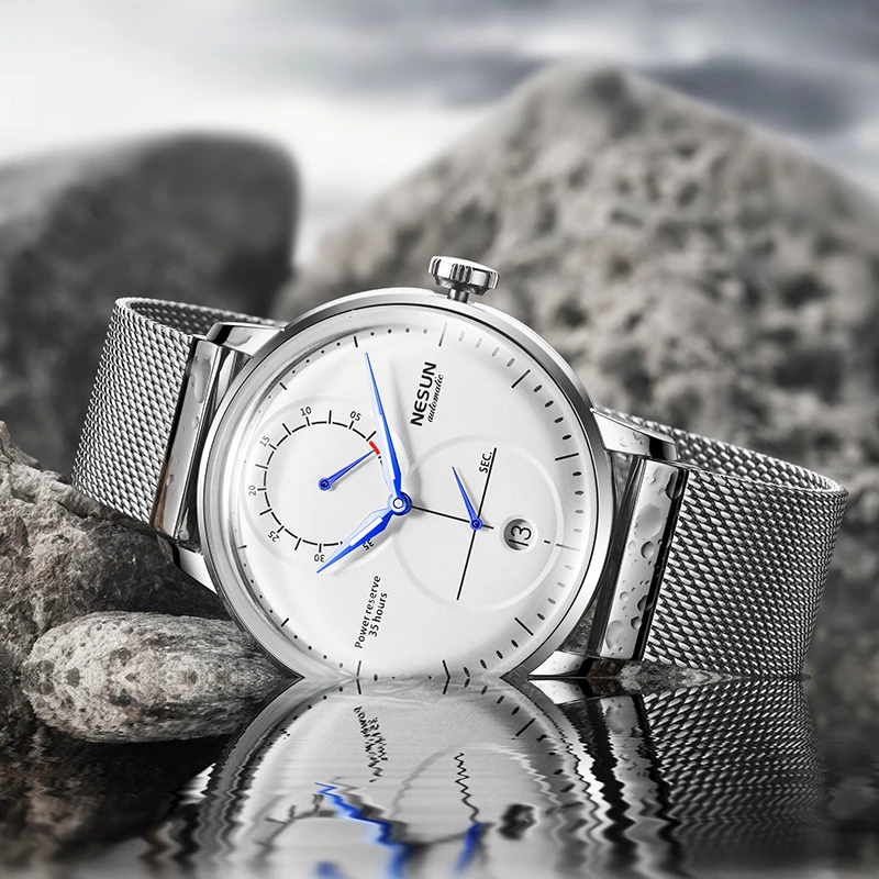 NESUN men's automatic mechanical watch, luminous fashion skeleton flywheel men's watch, calendar and day function