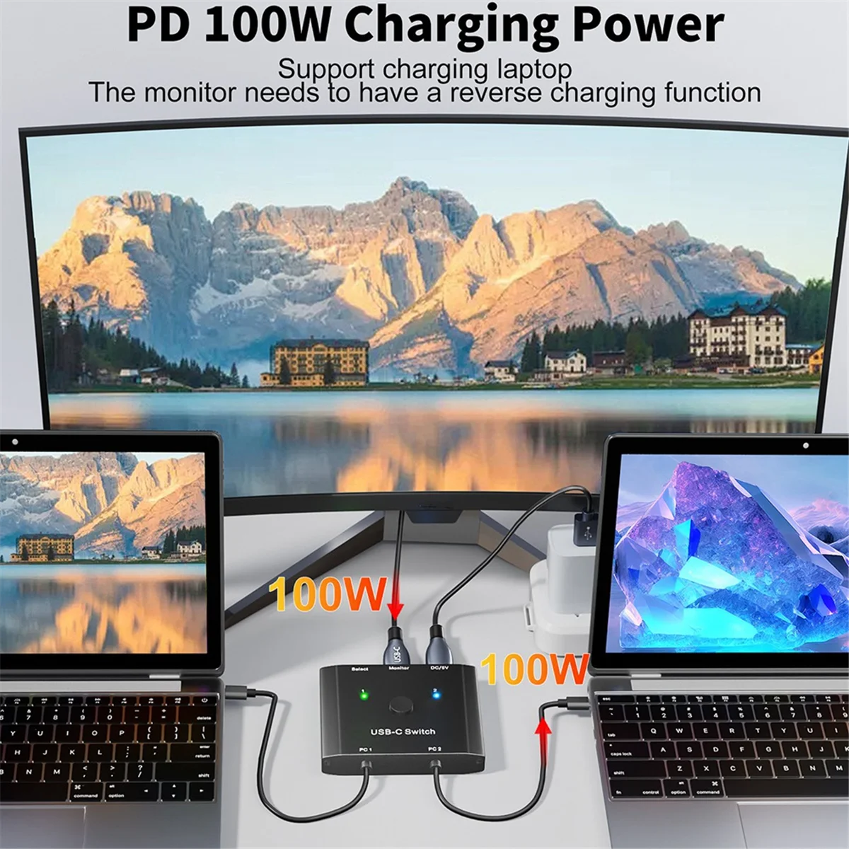 ABJZ جديد 8K USB C KVM التبديل USB3.1 Type-C الفاصل كابل للفيديو 8K @ 30 هرتز 4K @ 120 هرتز PD 100 واط 10Gbps نقل البيانات