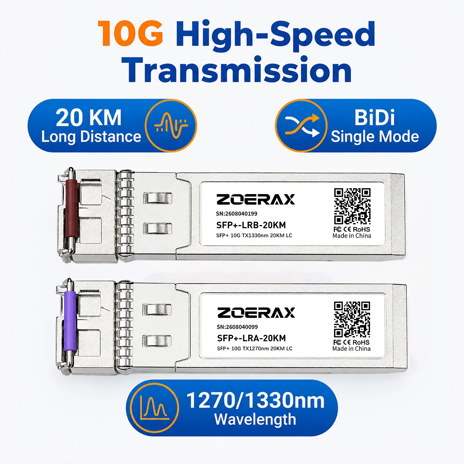 ZoeRax 10G 20km BIDI Singlemode Simplex LC 1270/1330nm SFP+ Module Plug & Play Support DDM for Cisco MikroTik