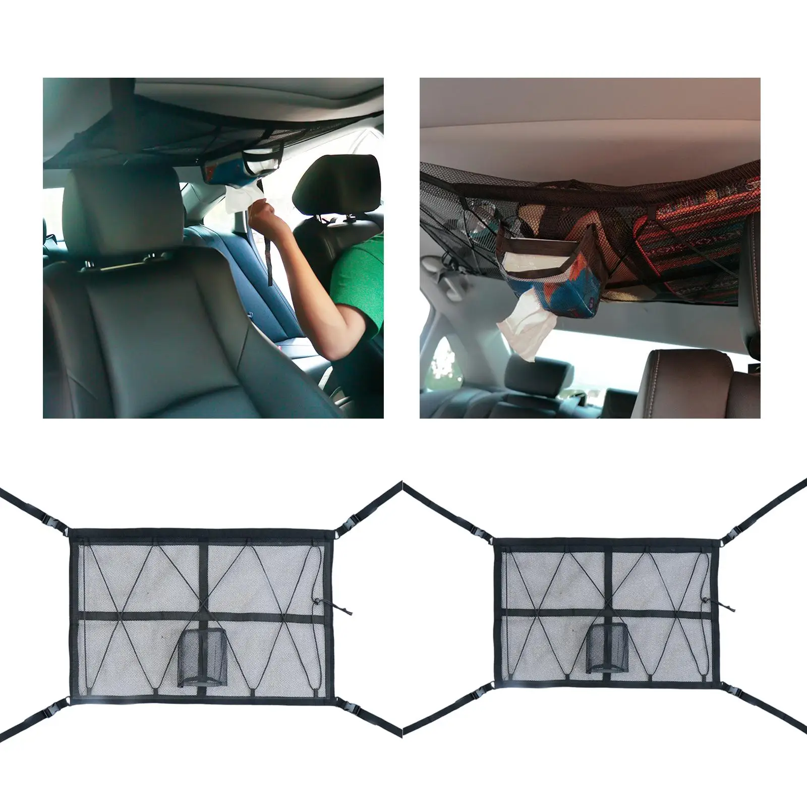 Car Ceiling Storage Net Pocket Interior Double Layer with Zipper Adjustable