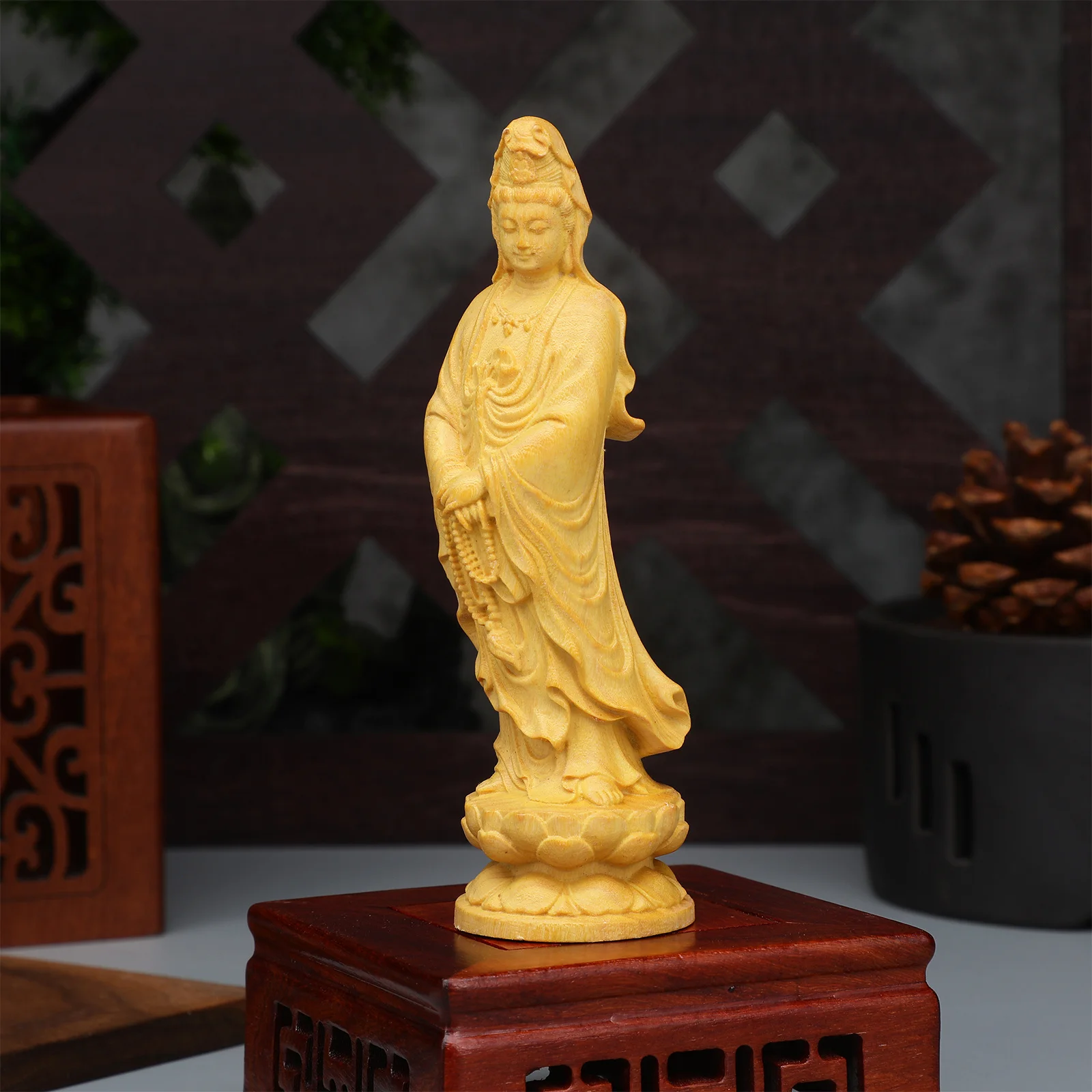 1 قطعة تمثال قوانيين موضوع الحرف الخشبية الصفراء للمنزل مكتب ديكور سطح المكتب قوانيين زخرفة فنغ شوي هدية