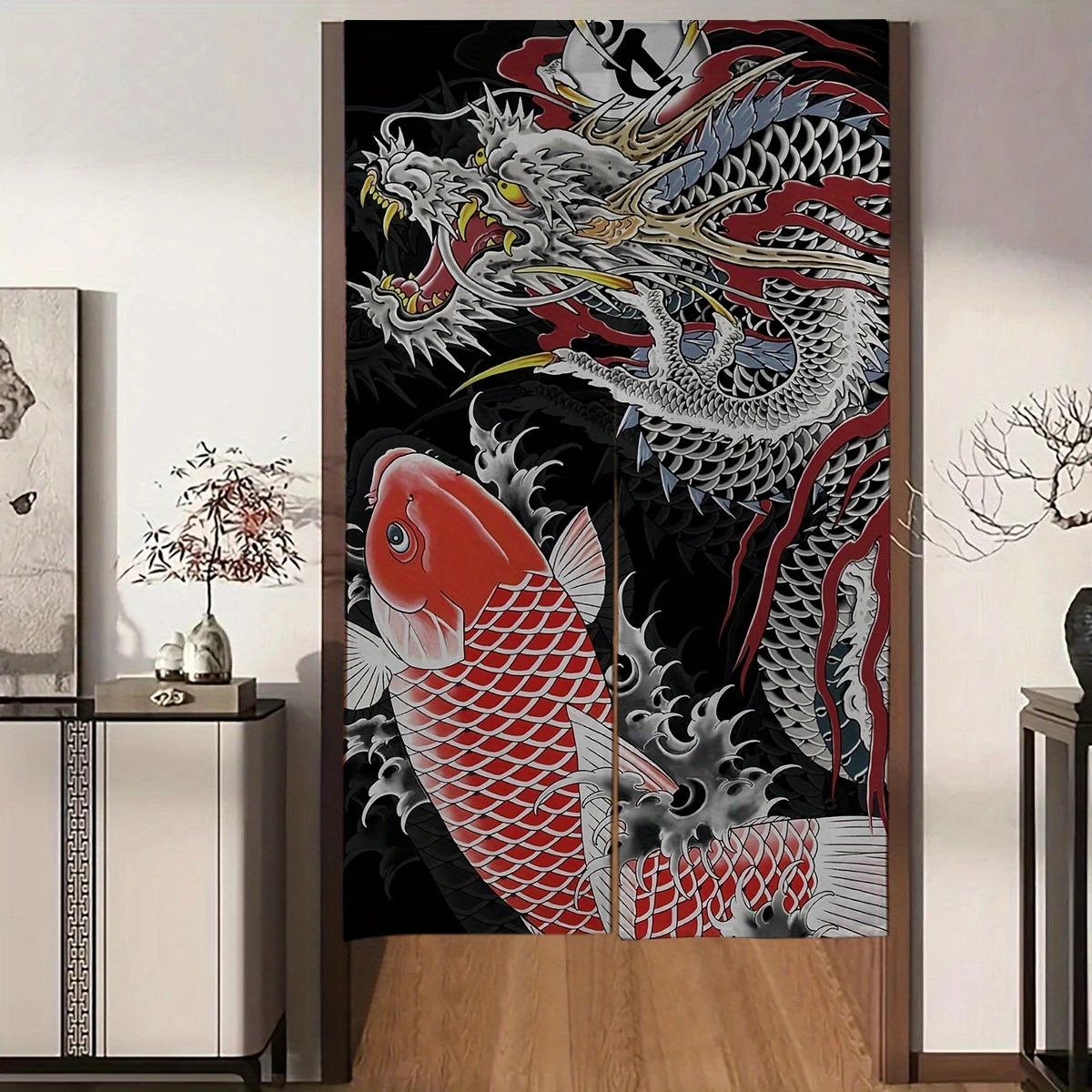 VIKAMA Divine Dragon Koi Half-Door Curtain, Ukiyo-e Fortune-Bringing Koi Room Divider Curtain, Dust-Proof Home Decor Curtain