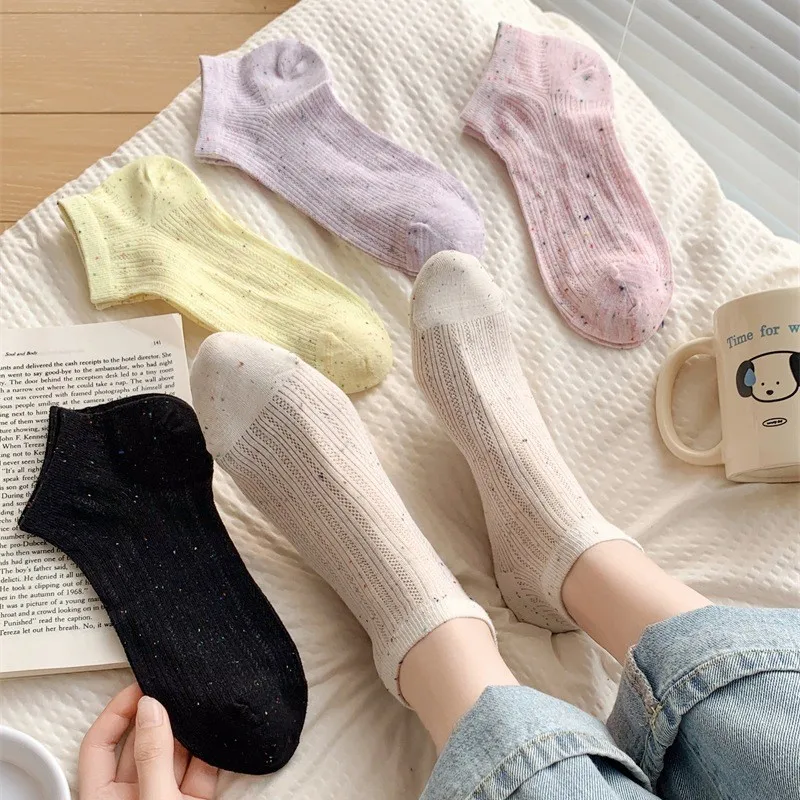 

5pairs Women's Socks Spring Style, Korean-Inspired, Ultra-Thin Mesh Breathable Socks, Retro Slub Yarn No-Show Socks, Versatile
