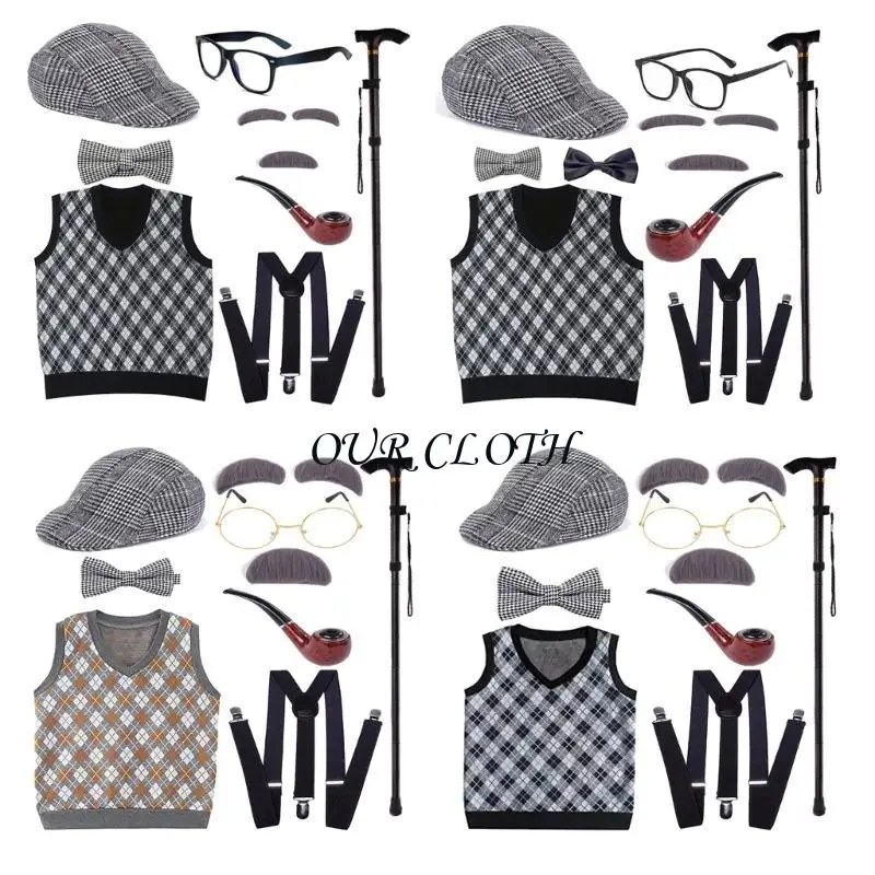 

Комплект костюма дедушки 100 дней школьного костюма, очки для вечеринки в честь Хэллоуина Y1AC