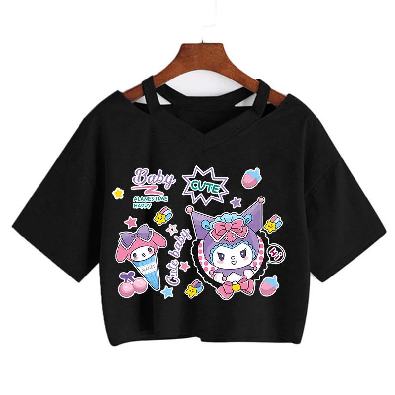 Streetwear Crop Top Kuromi Top Tee Cartoon T Shirt Cropped Sanrio Kuromi Women Manga T-shirt Y2k Tshirt Top Tees Female