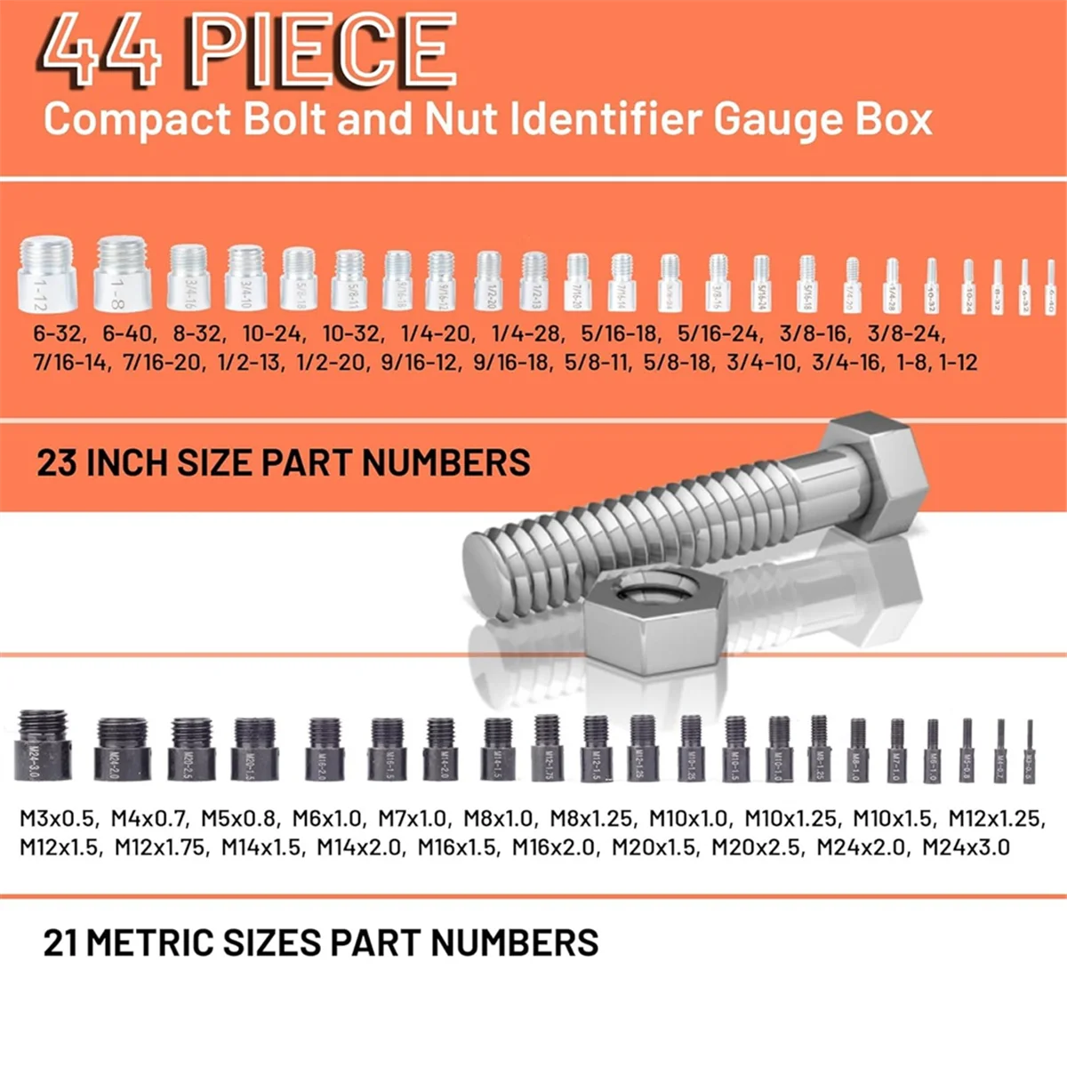 

JUF-44Pcs Nut and Bolt Standard and Metric Set Thread Identifier Screw Size Gauge 23 Inch & 21