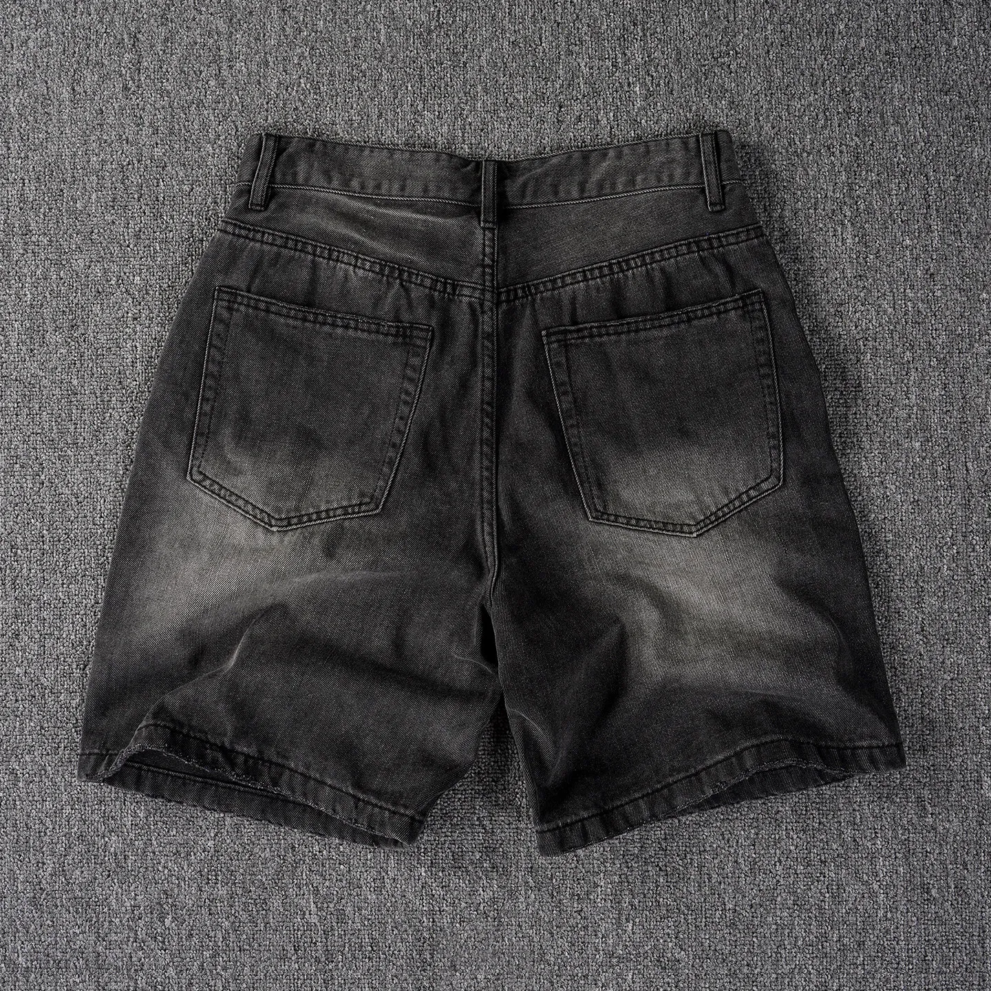 Heavy-duty washed black American retro denim shorts men's loose straight summer all-match ripped denim shorts
