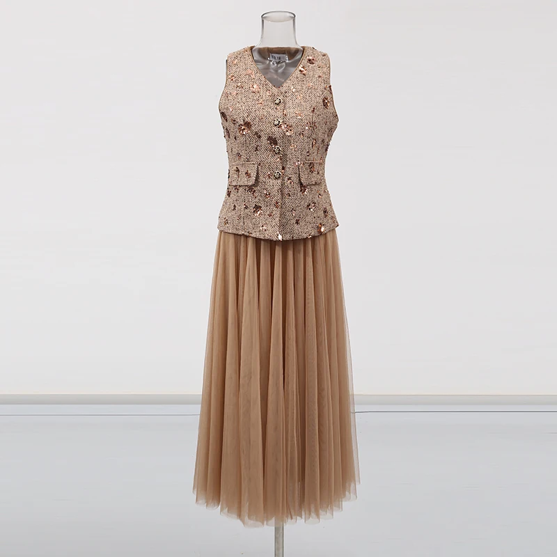 TWOTWINSTYLE ソリッドツーピースセット女性のための V ネックノースリーブスプライシングシングルブレストベストハイウエストパッチワークメッシュスカート女性