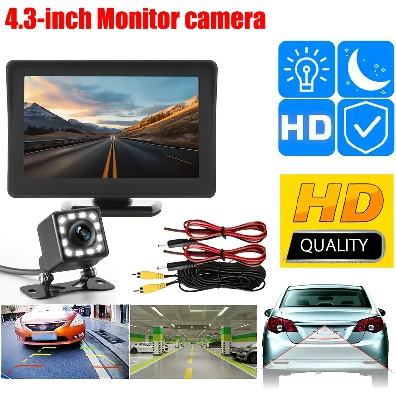 

[1 шт. резервная камера HD] Универсальный комплект резервной камеры HD 1 шт. 4,3 дюйма | 12-светодиодные фонари, широкоугольные линзы, простая установка, ночное видение