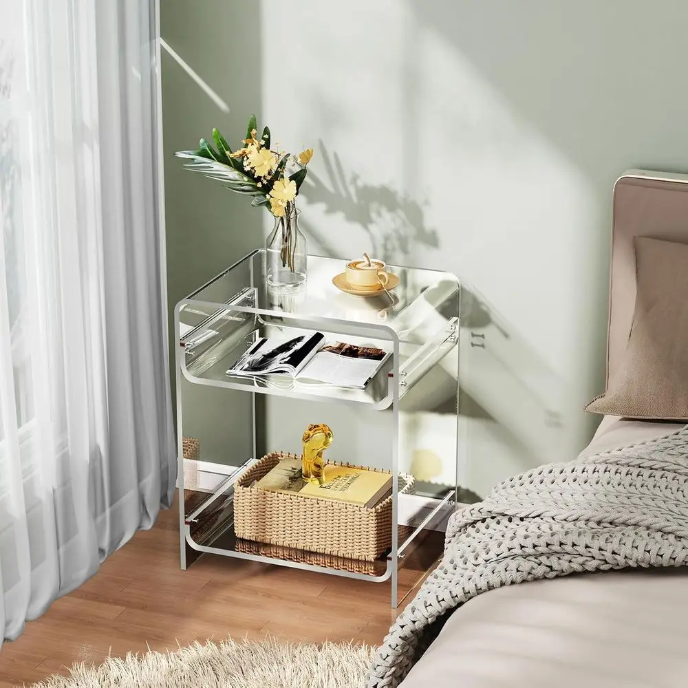 Mesa Lateral de Acrílico Transparente para Toca-discos com Armazenamento, 15,7x19,7x11,8 Polegadas