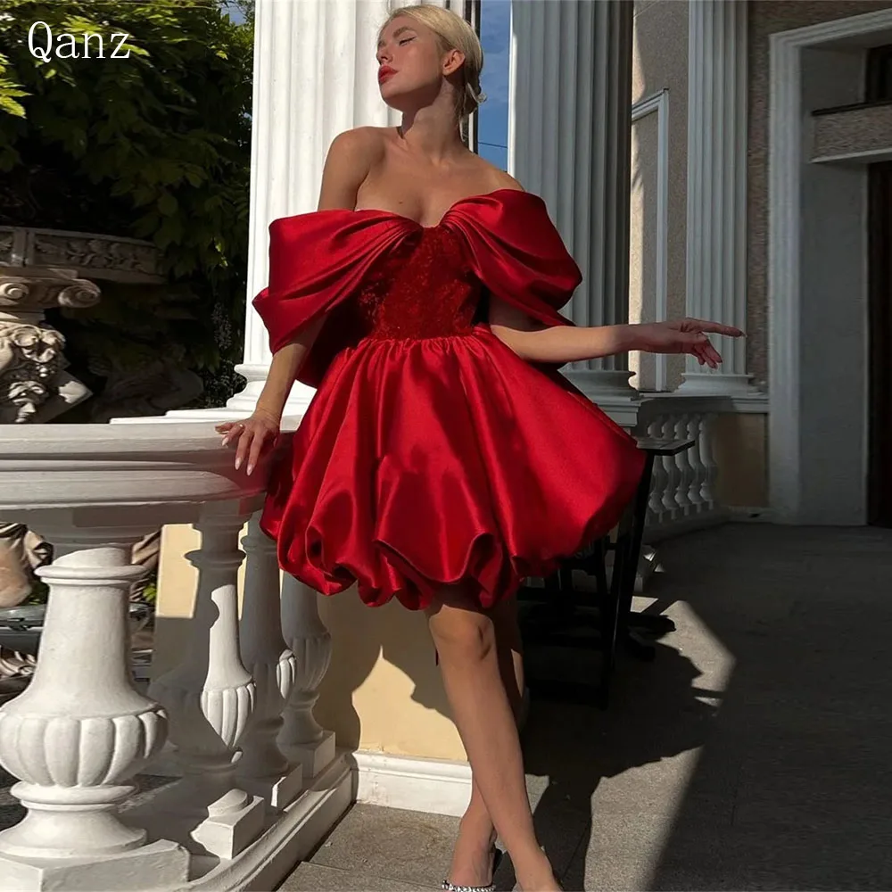 

Qanz Off The Shoulder Graduation Dresses Red Satin Sparkle Short Prom Dresses Backless A Line Party Gown For Women Plus Size