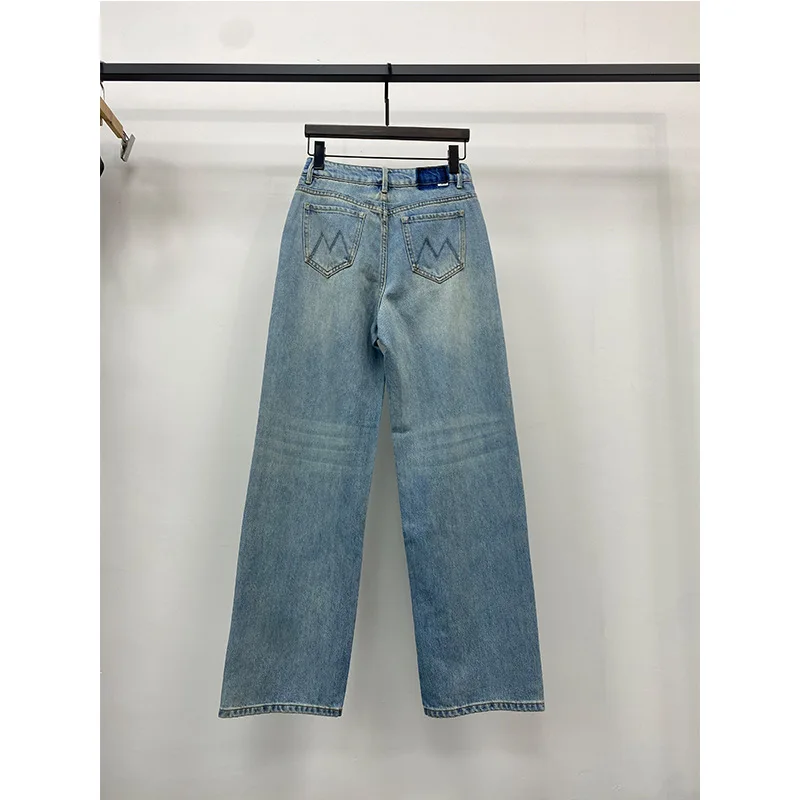 2024 neue hohe Taille Retro blau lange Schlepp hose Frauen locker sitzen weites Bein Jeans hose