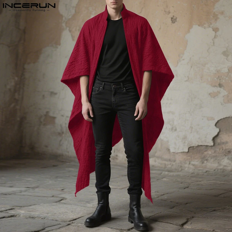 INCERUN Men Long Style Shirts Solid Stand Collar Short Sleeve Casual Irregular Cardigan Men Streetwear 2025 Fashion Outerwear