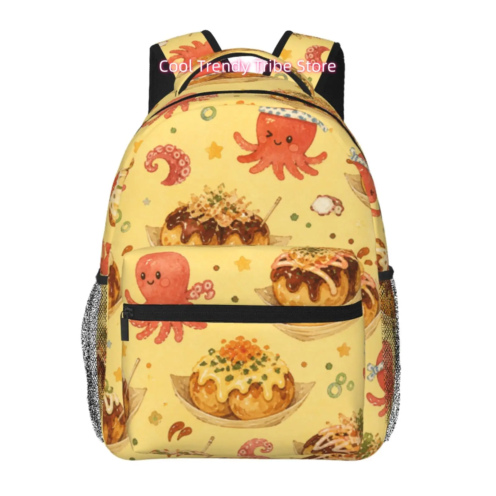 Cute Takoyaki And Octopus Print Adult Backpack, Oxford Cloth Adjustable Shoulder Strap Casual Travel Bag for Food Lovers And Wom