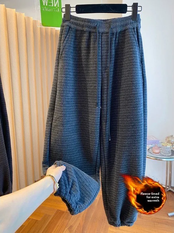 

Thiened Fce Autumn Winter Casual Pants Simple Striped Loose Fit Women's plus Size Elastic Waist Slimming Versatile Carro...