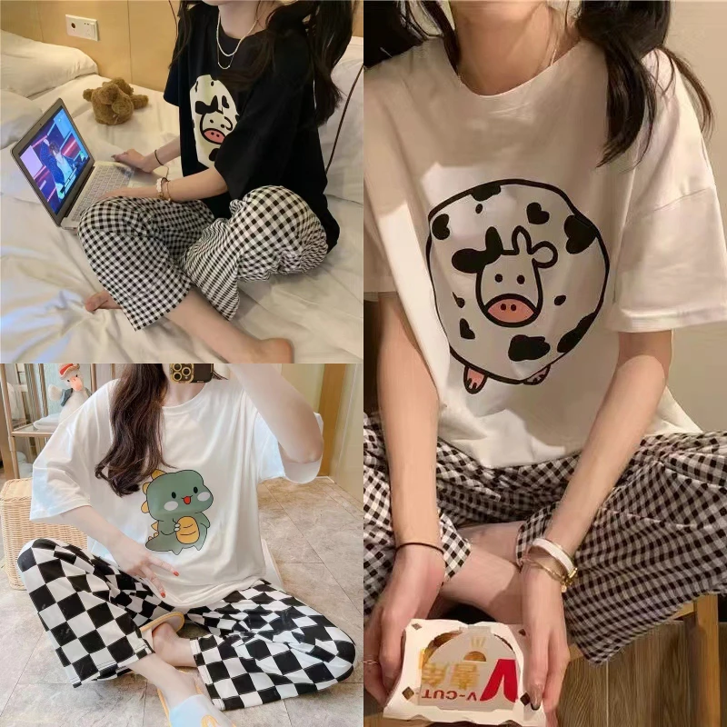 Women\'s Pajamas Summer Two-Piece Set Of New Short-Sleeved Long Pants Loose Big Yards Korean Version Of The Cute Cartoon Homewear