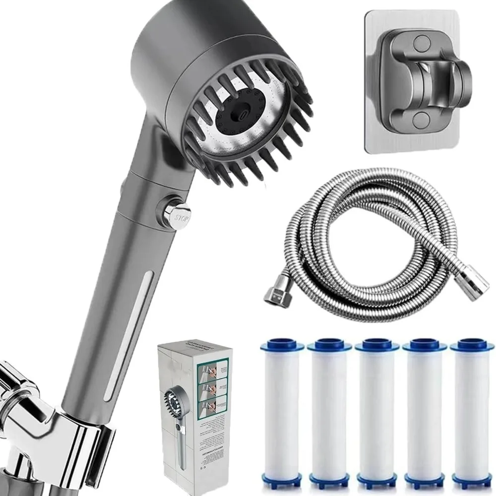 

With Five Filters Adjustable Shower Head Reusable Bathroom Accessories Shower Sprayer Handheld with Massage Brush Filter