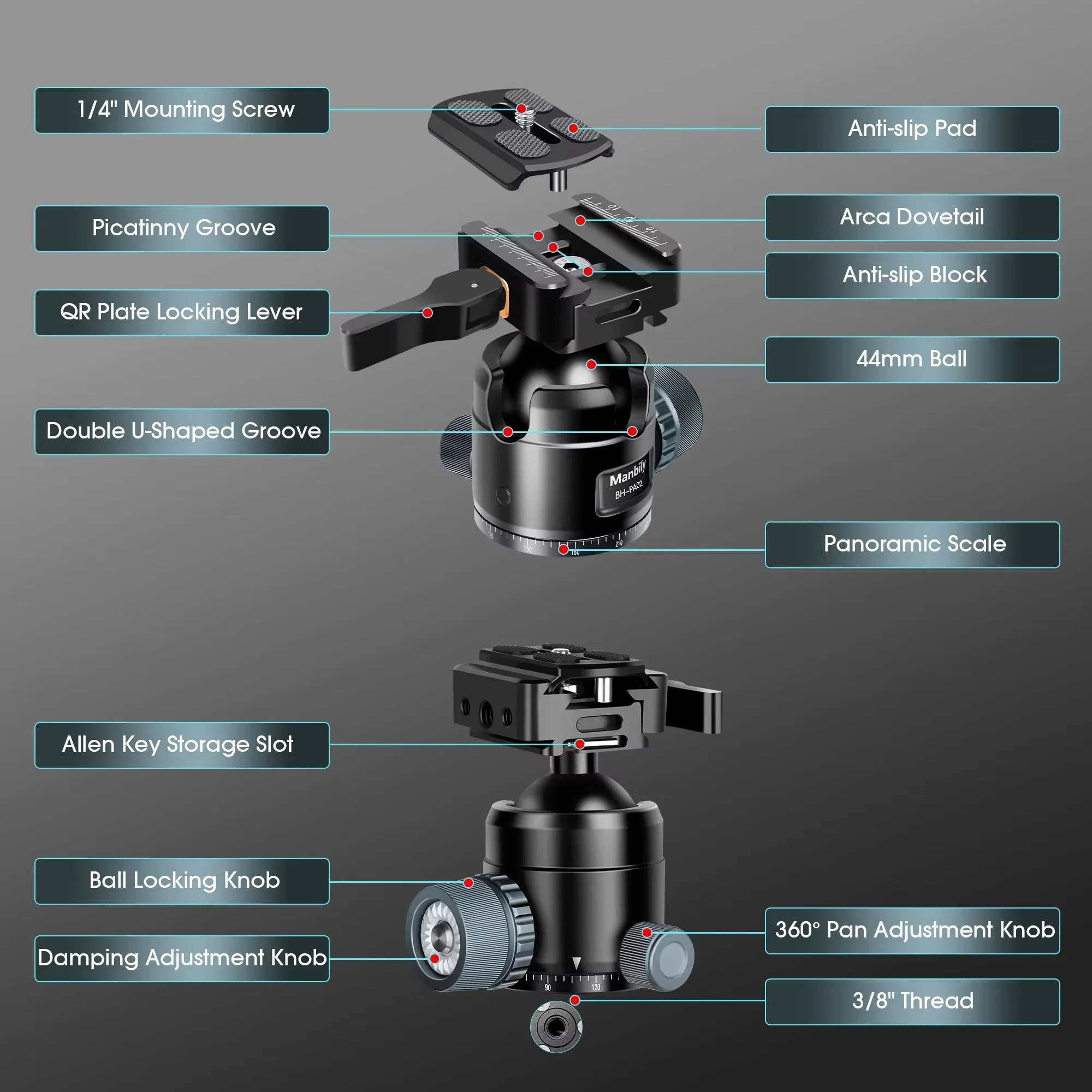BH-PA02 Aluminum Saddle Rest Clamp with Arca  Quick Release Plate Tripod Ball Head Mount for Shooting Sticks