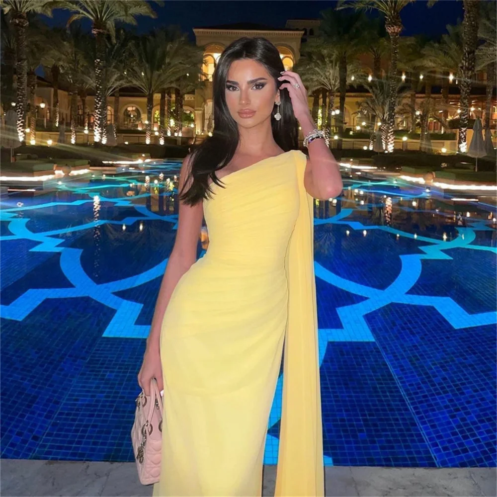 Customized Elegant One-shoulder Sheath Cocktail Dresses Fold Chiffon Anke length Party  فساتين سهره فاخره  vestidos de gala muje