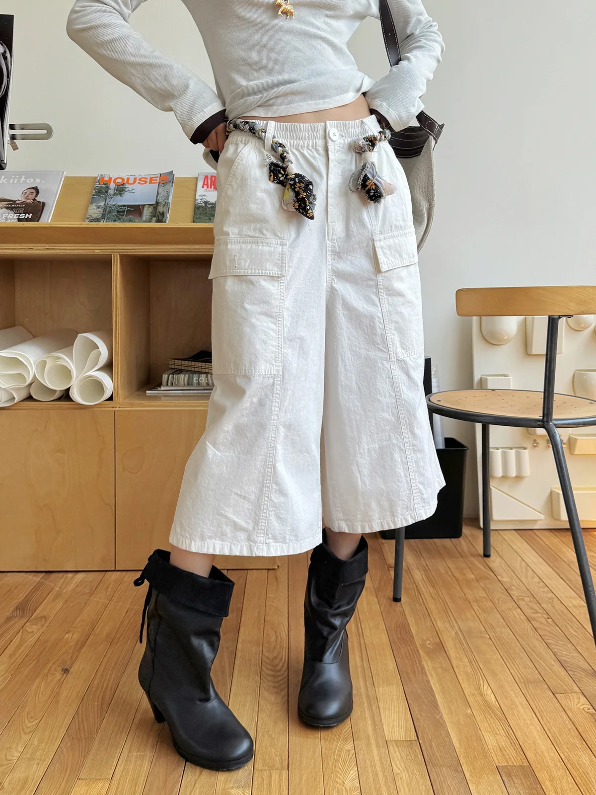 

Брюки рабочие MOMENTPLAY, прямые, с высокой талией, из хлопка, с эффектом складок, повседневные