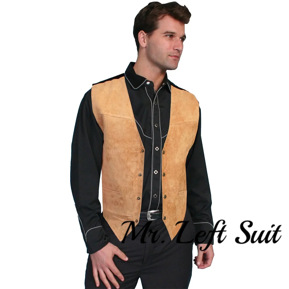 Mens Suede Leather Western Vest Waistcoat Man Western Cowboy Vests with Pockets