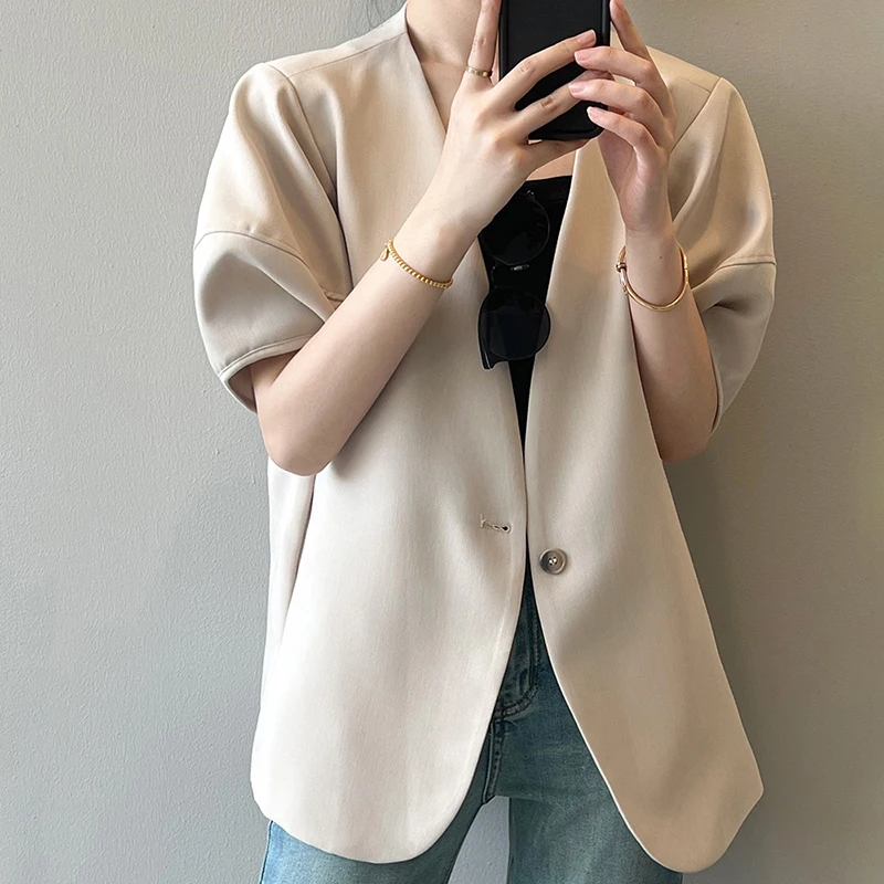 Women Solid Blazer 2024 Autumn Fashion Long Sleeve Outerwear Casual Loose Lapel Collar Coat Vintage Pocket Thin Jackets