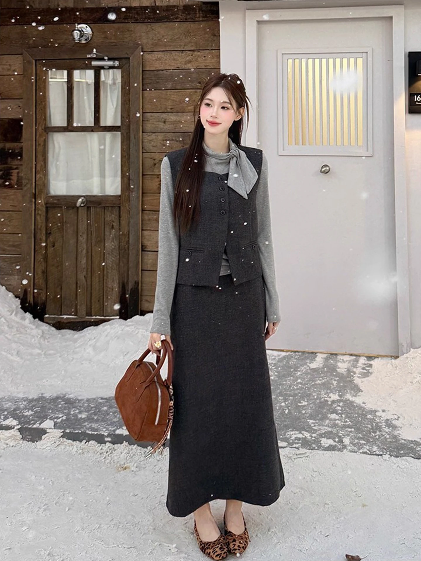 

Faionable High Ne Belted Base Layer irt Vest Set Women's High Waist Skirt Tee Piece Set Ele Sle Long Sve