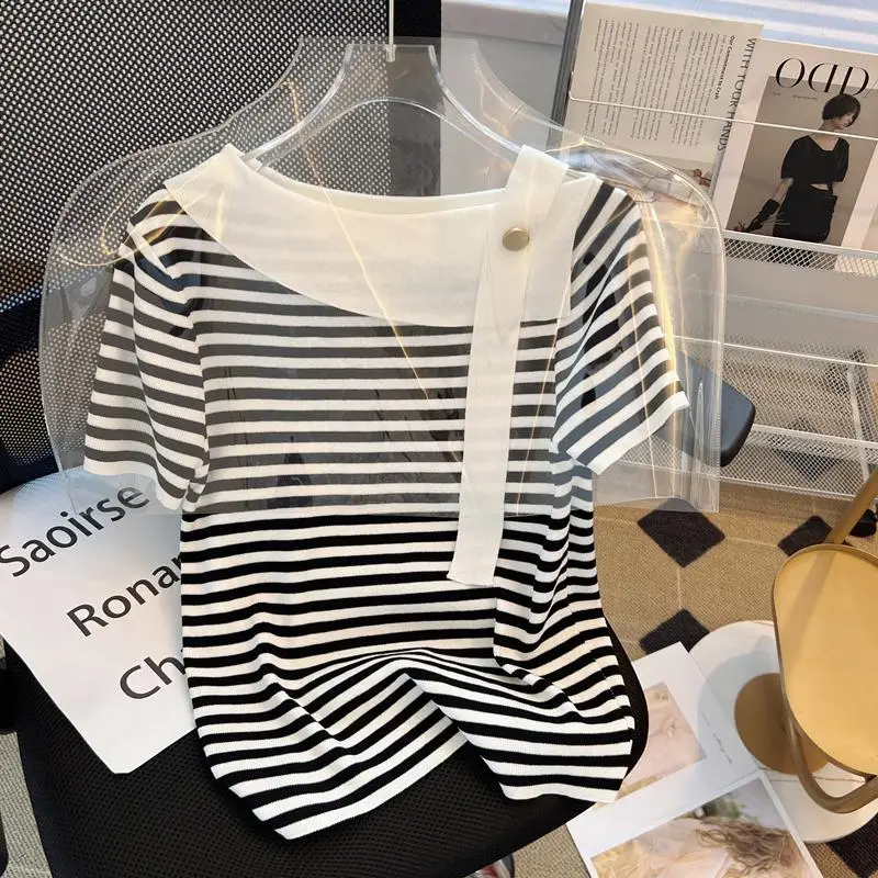 Summer Sexy Sweater Women Knit T-shirt Tops Fashion Striped Elegant Stylish Chic Tees Pullover Short Sleeve Jumpers 2024