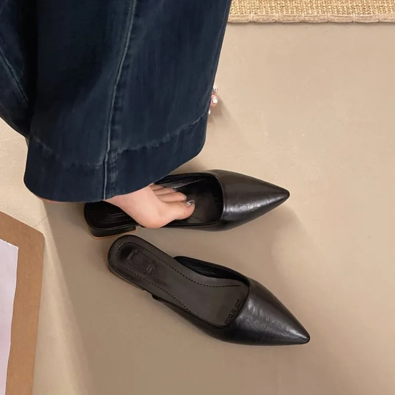 Pointed Toe Backless Mules Women's Fashion Slip-On Low Block Heel Slippers Elegant Office Ladies Comfortable Slides Sandalias
