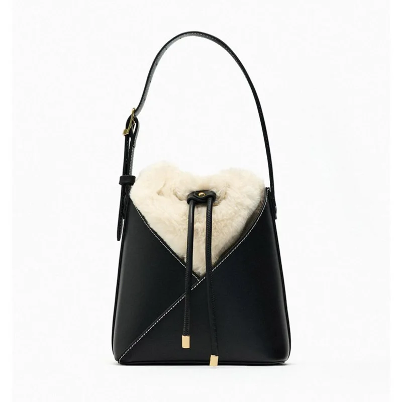 

Модная женская новая роскошная осенне-зимняя сумка-ведро из искусственного меха, роскошный дизайн, плюшевая сумка через плечо на шнурке