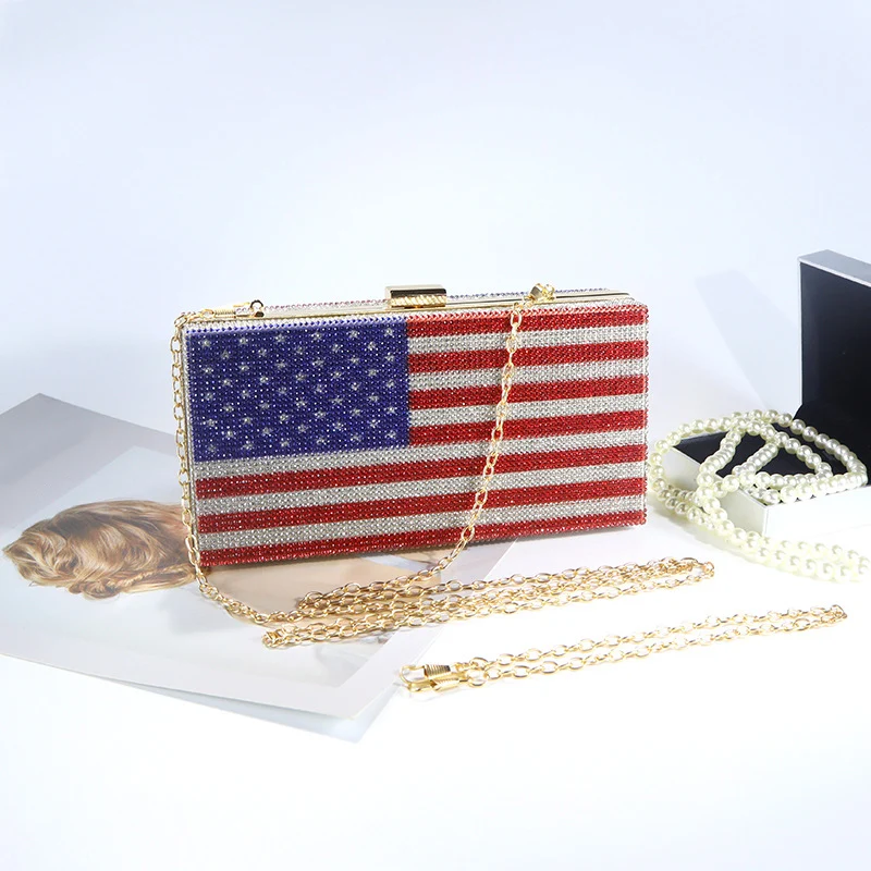 

Luxury Diamond-encrusted National Flag Pattern Evening Bag Sparkling Women Rhinestone Chain Clutch Shoulder Bag for Party Dress