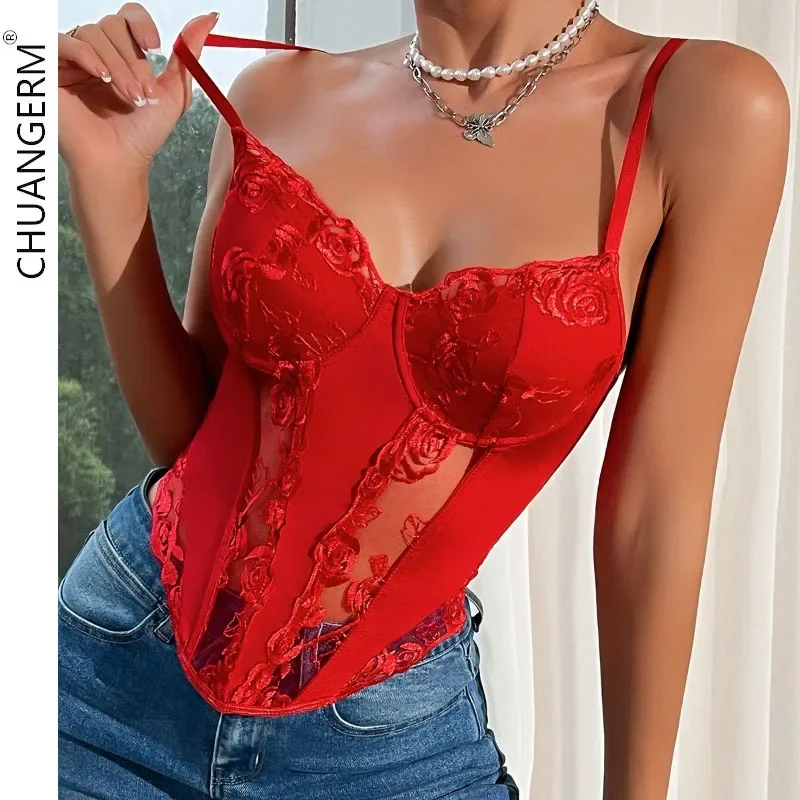 CHUANGERM seksowny koronkowy gorset kwiat haftowany Spaghetti nieregularny Y2K drążą topy typu tuba Camis Slim Fit biustonosz Fishbone Camisole