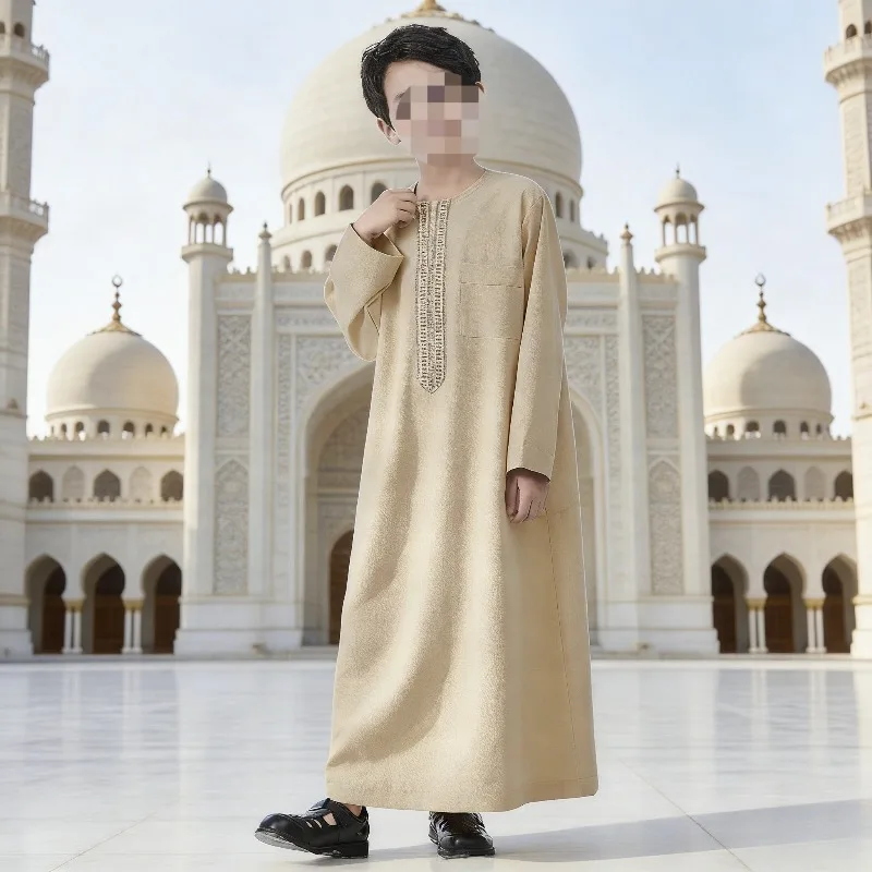Boys Embroidered Robe Middle East Arabic Ethnic Costume Traditional Long Dress Party Festival Elegant