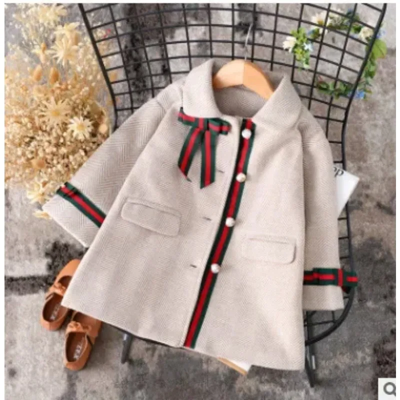 Girls' Wool Coat 2023 Autumn Winter New Girl Winter Jacket Single Row Pearl Buckle Woolen Coat Twill Baby Girl Coat