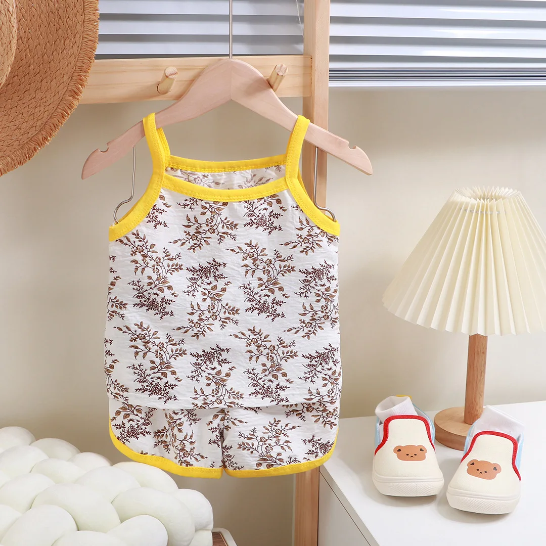 Summer Children Sling Shorts Set Fashion Flower Girls Kids Thin Breathable Pajamas Cute Cartoon Baby Toddler Home Clothes image 3