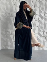 Abayas + Hijab pour femmes musulmanes du Moyen-Orient, 2 pièces, kaftans islamiques, robes maxi décontractées, jilbabs arabes, manches longues, devant ouvert, abaya 3