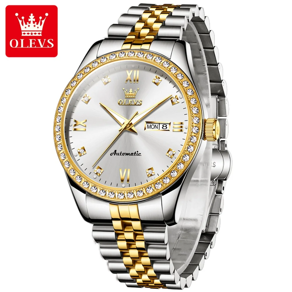 OLEVS7012 Diamond Automatic Watch Men Luxury Brand Original Mechanical Wristwatch Stainless Steel Waterproof Calendar Hand Clock