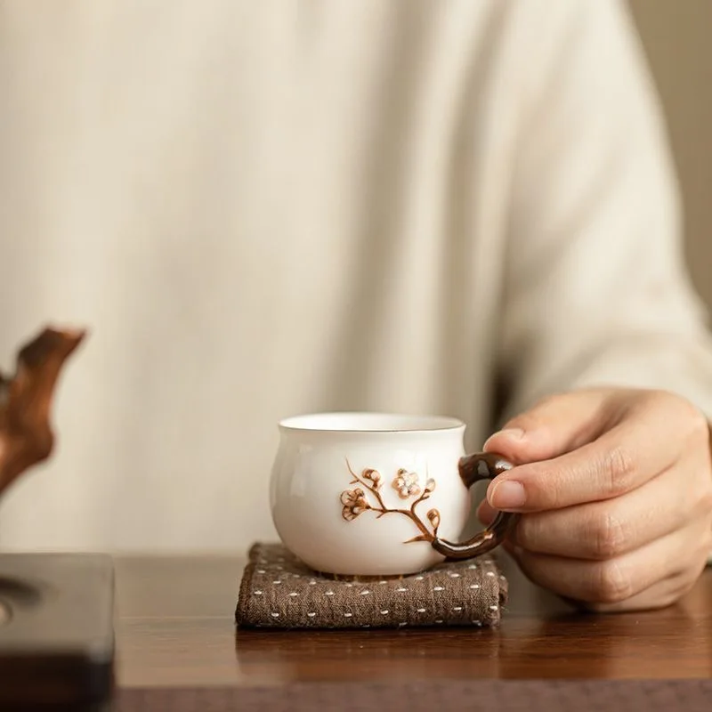 Carving Boutique Mutton-fat Jade Porcelain Teacup Handmade Relief Plum Blossom Master Cup Tasting Kung Fu Teaset Coffee Mug