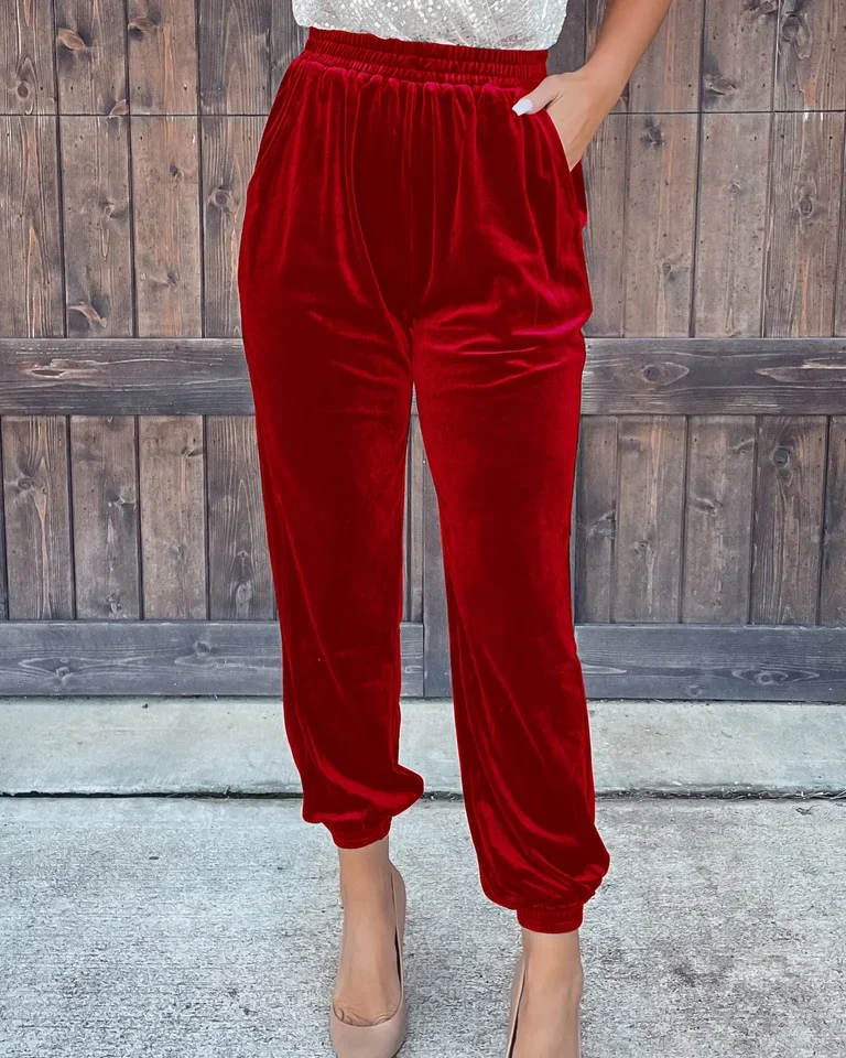 Winter New Women's Velvet Velour Joggers Soft Stretch Warm Sweatpants Pants With Pockets 7colors