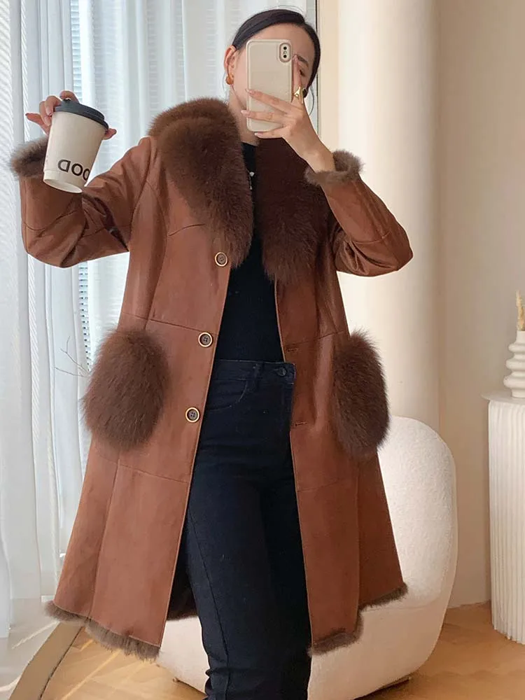 Women Winter Luxury Fox Fur Collar Down Coat Elegant Slim Real Leather Sheepskin Overcoat Thick Warm Office Lady Long Jacket