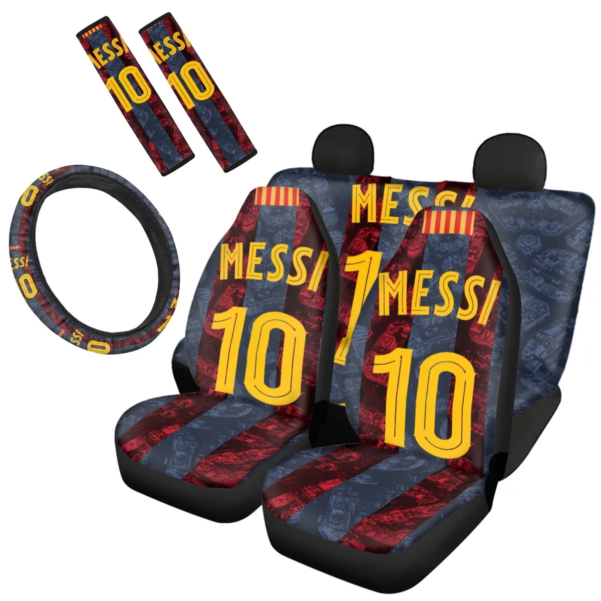 

New Fashion Football Players Print Interior Spare Parts Easy to Clean Install SeatBelt Steering Wheel Front Back Seat Cover Set