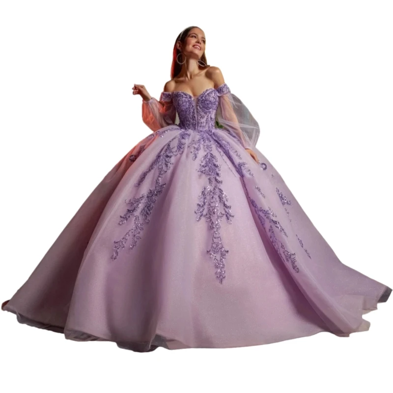 Squisiti abiti Quinceanera lilla maniche lunghe paillettes appliques abito dolce 16 abito da ballo con glitter a cuore personalizzato