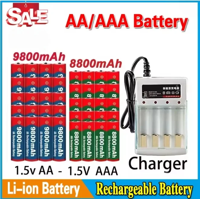 1,5-V-Akku-Alkalibatterie AA 9800 mAh + AAA 8800 mAh für Uhren, Spielzeug, Rasierer, Kameras + EU-Ladegerät