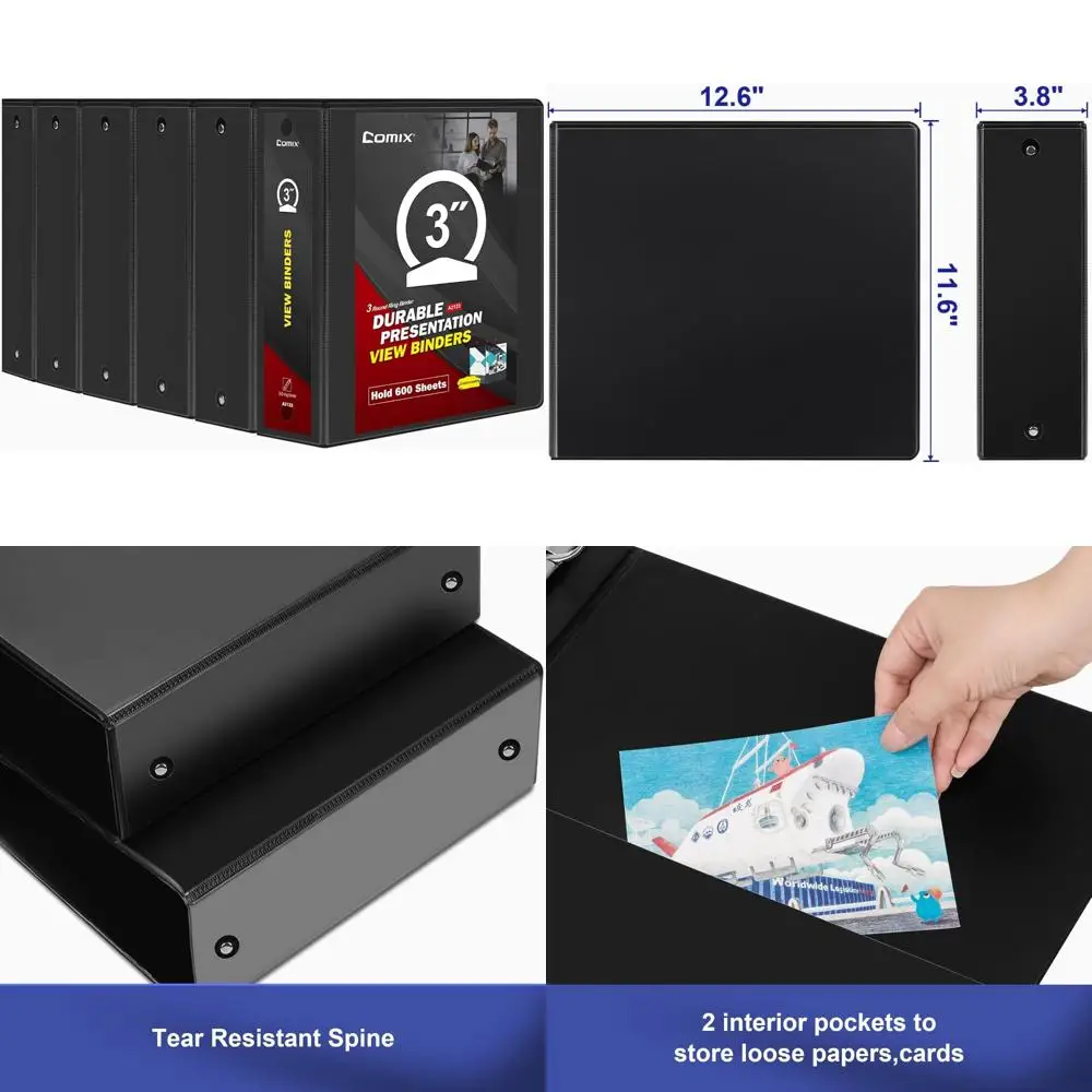 

Round Ring View Binders, 3 Inch Capacity, 600-Sheet, 8.5 x 11 Paper, 6-Pack, Basic Black Binders for Organization