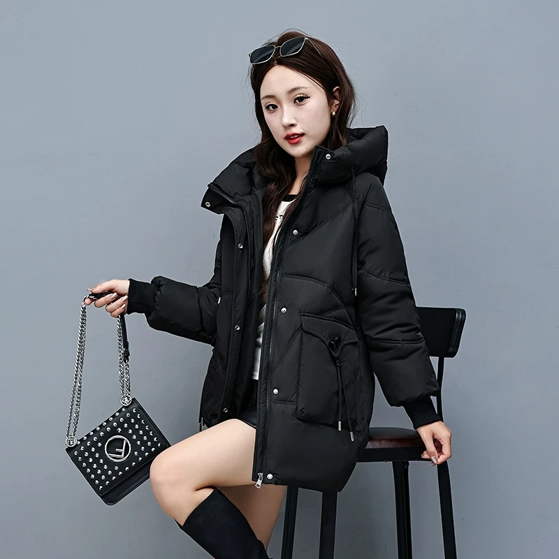 

2025 New Winter Women's Long Coat Thick Hooded Down Cotton Jacket Loose Korean Style Warm Tops Parka Outerwear Ladies Overcoat