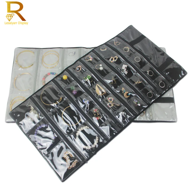 

Travel Jewelry Organizer Roll Foldable Jewelry Case Earrings Necklace Ring Organizer Soft Velvet Zipper Roll Up 31 Grids Bag