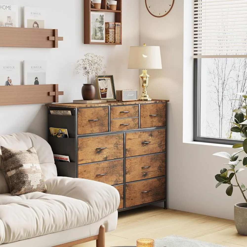 خزانة تخزين قماش ذات 10 أدراج مع جيوب جانبية وإطار معدني لتنظيم غرف النوم